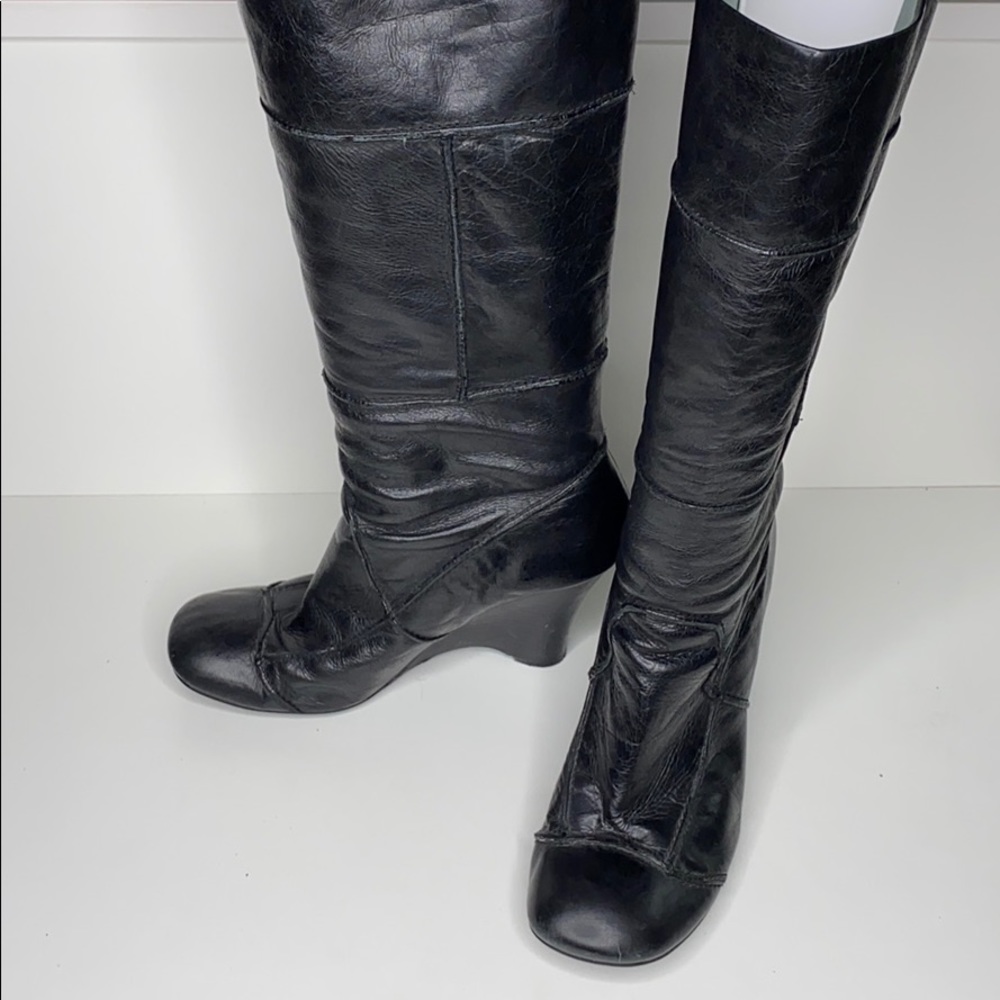 Black patchwork leather wedge boots